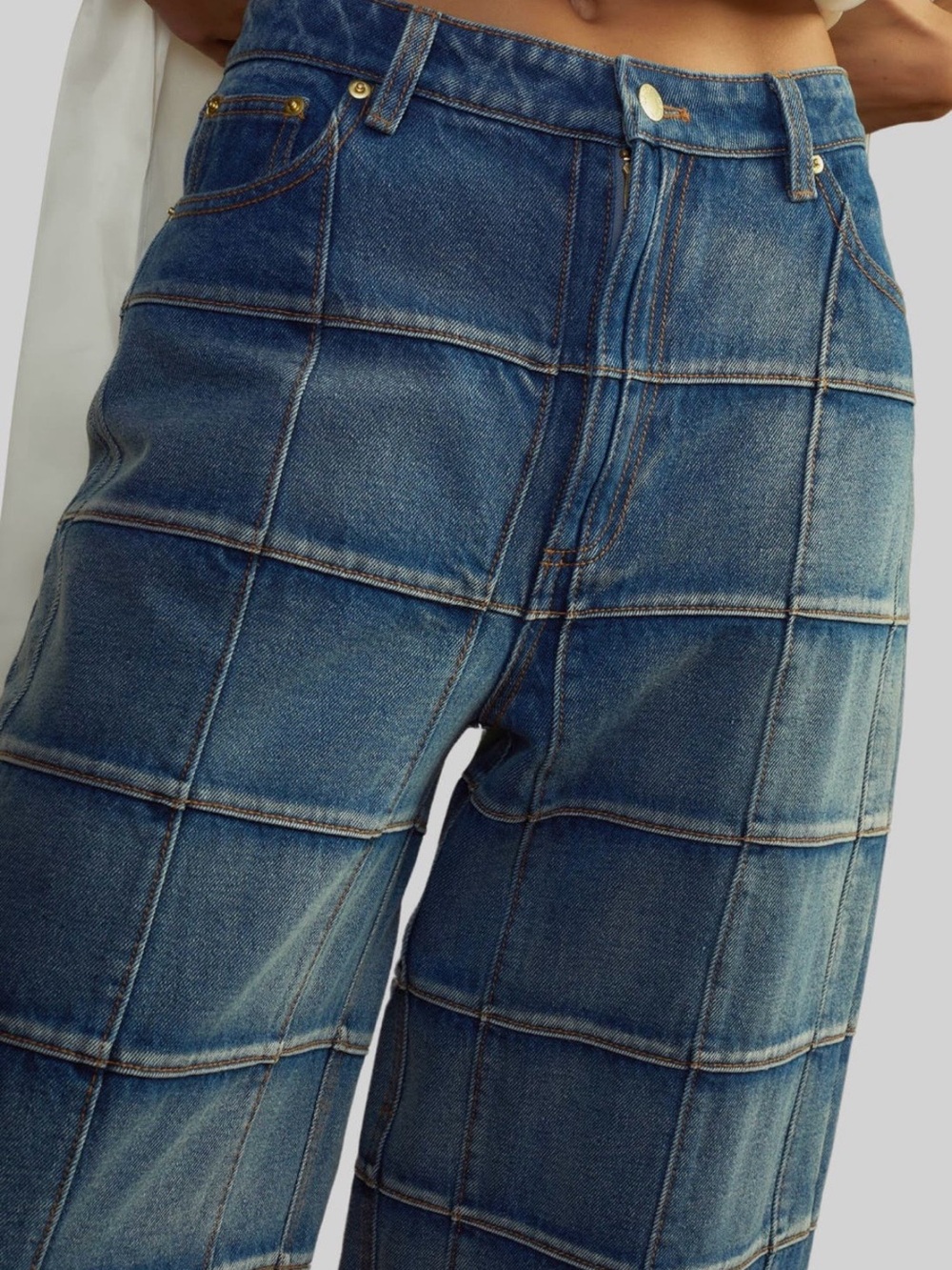 Cynthia Rowley Collection Window Pane Blue Patchwork Wide-Leg Jeans size 25. - Picture 3 of 10